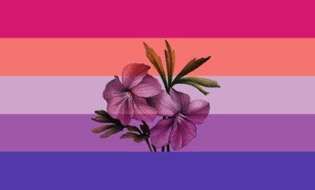 bi sapphic pride flag
top to bottom
magenta, coral, lilac, lavender, blue-ish purle

a flower is overlaid, slightly transparent, in the center