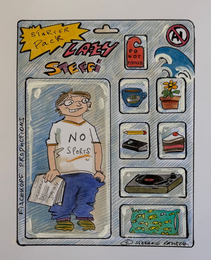 Self-drawn satrterpack non action figure „lazy Steffi“. 
In detail you can see a comic figure, my cartoon alter ego, a „do not disturb sign“, a cup of coffee, a flower, sketchbook and pen, a piece of cake, my record player and a cosy cushion. 