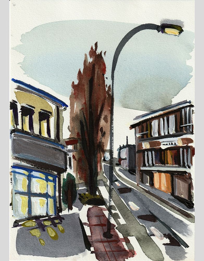 Watercolor sketch showing houses on a street in Hamburg. A large tree with reddish-brown foliage is planted on one side of the sidewalk, casting its shadow in the foreground. 