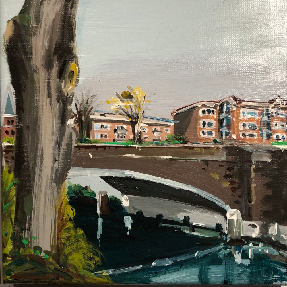 Acrylic painting depicting a bridge over the Eilbekanal in Hamburg. 
It is early in the year, but the first rays of sunshine are beginning to appear. 