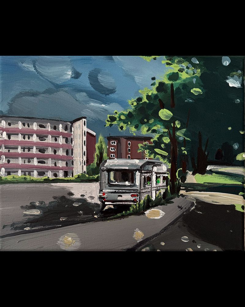 Acrylic painting showing a road with red brick houses on the left and a path flanked by bushes and trees. 
A medium-sized camper van is parked under a large deciduous tree.
