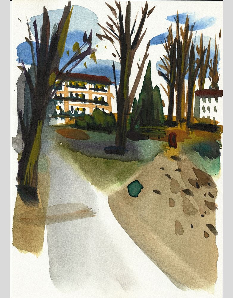 Watercolor sketch showing a path forking in a park. Trees and a bench at the edge of the path. 
