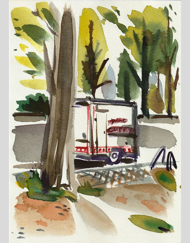 Watercolor sketch showing a path along the Eilbek Canal, which is surrounded by trees. 
A closed market cart offering currywurst is parked between the trees. 
