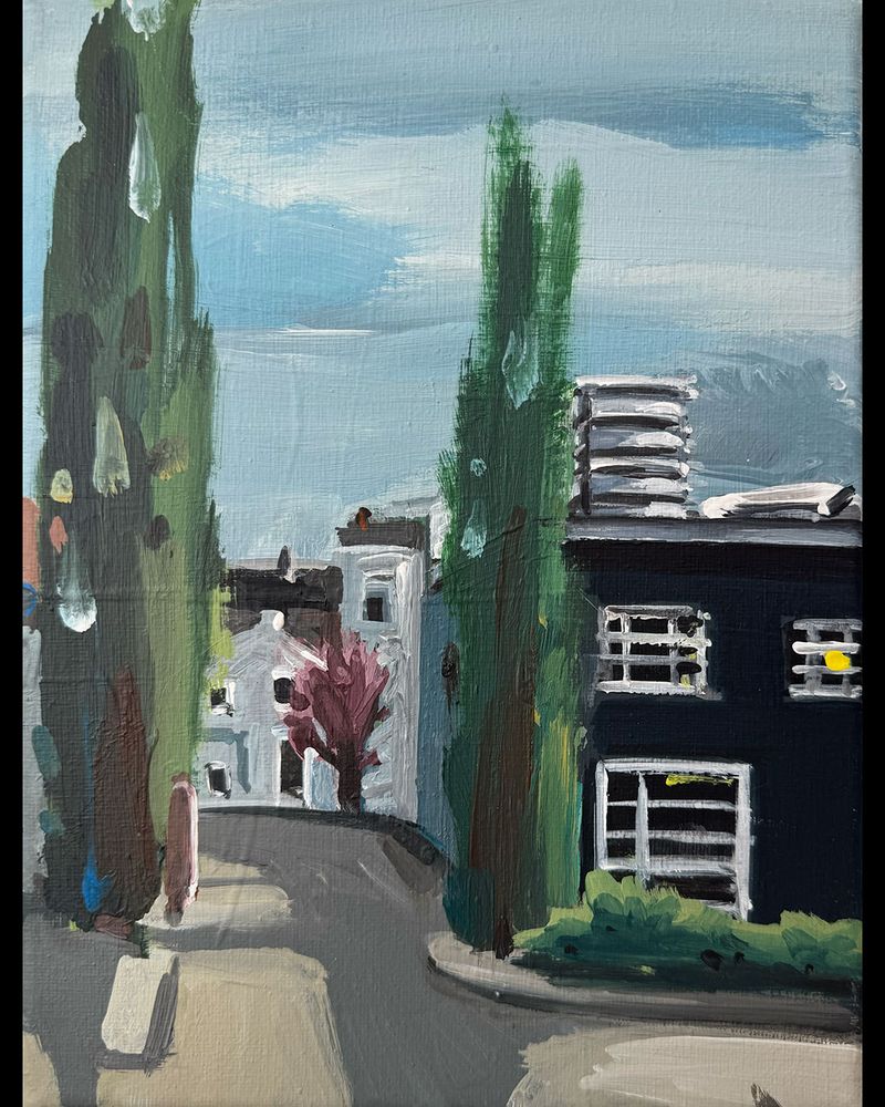 Painting, acrylic on canvas. 
In the foreground, a path leads to a typical backyard in eastern Hamburg. Slender trees strive up along the edge of the path. 
In the background, one of the Mundsburg towers can be seen rising into the pale blue sky.
