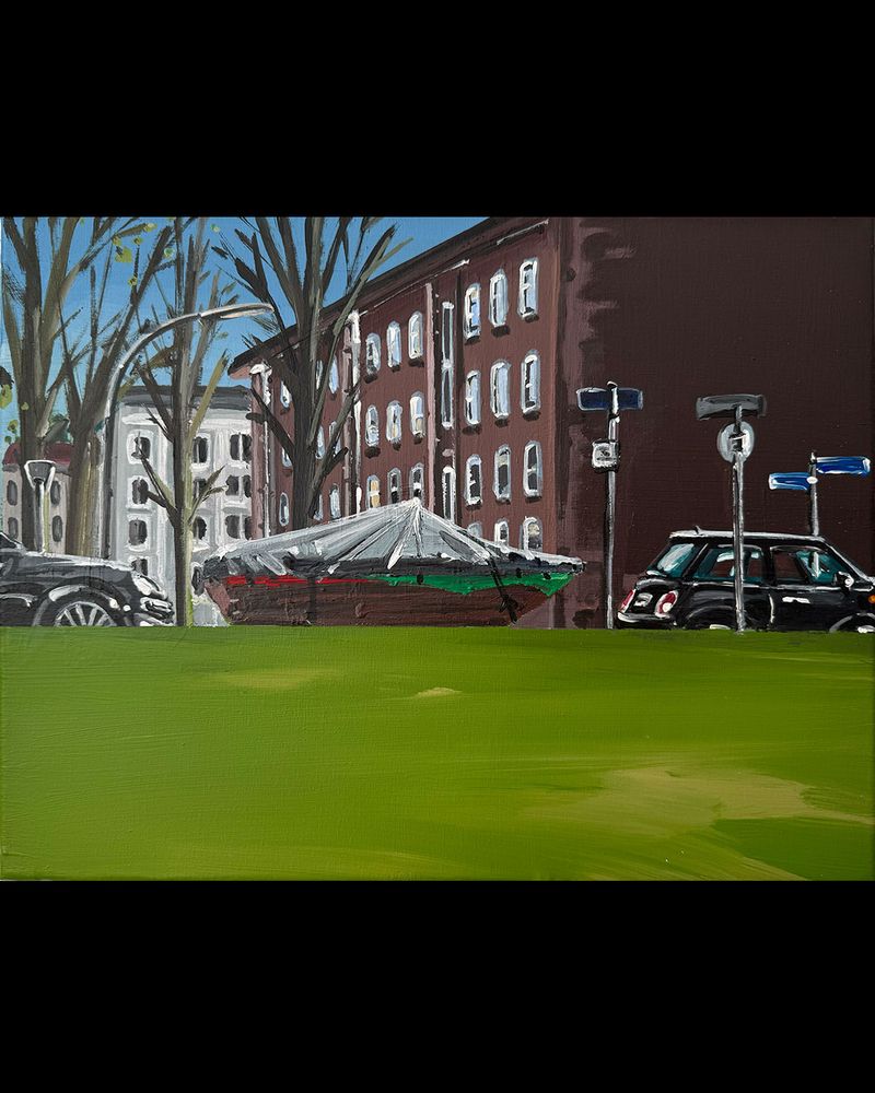 Acrylic painting on canvas.  
In the background, you can see typical Hamburg brick houses and trees with few leaves. In the foreground, there are two cars and a boat with wrapped superstructures that appear to be floating on a meadow.
This view is what you see when you look up the green hill from the canal in my neighborhood.