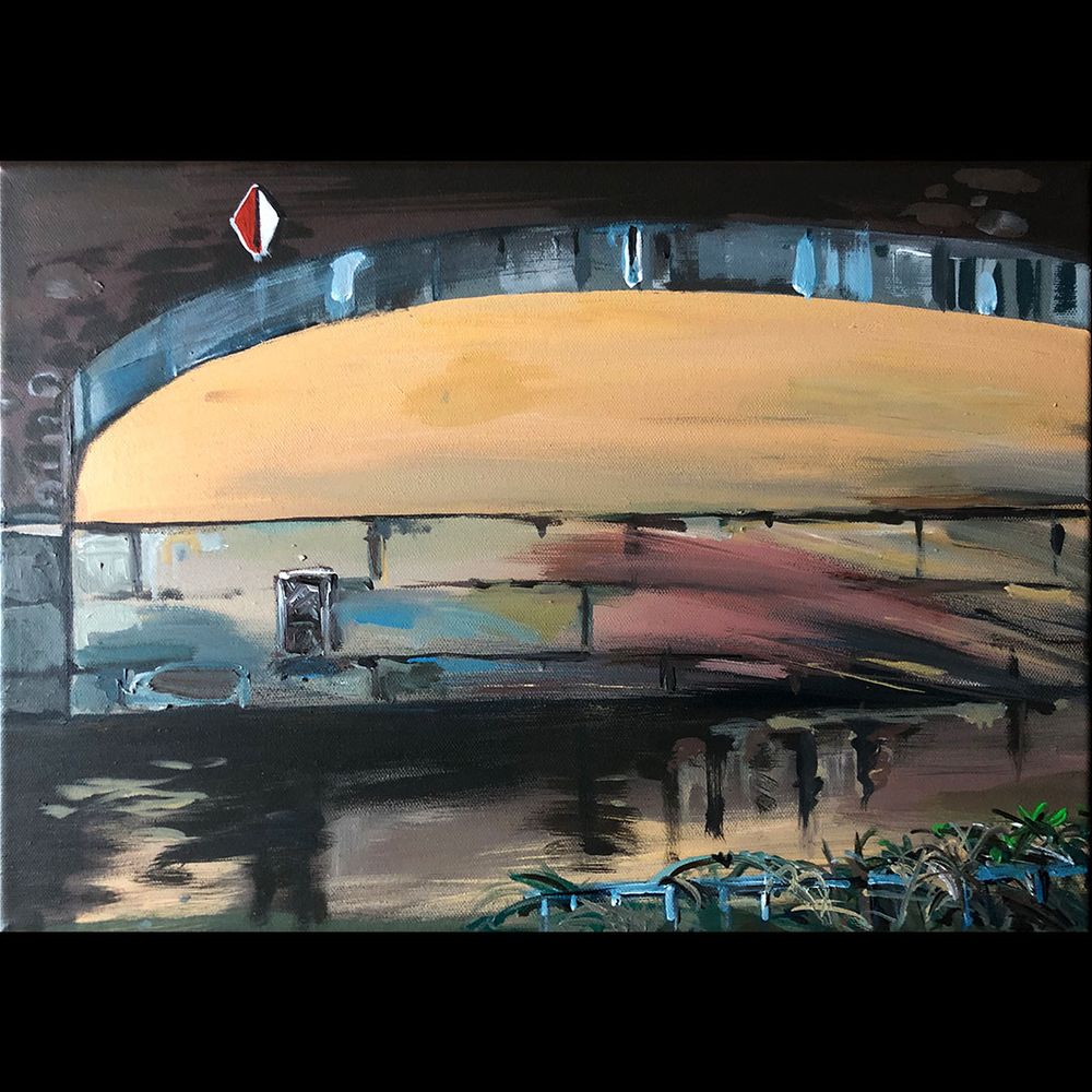 Painting with a view of a bridge crossing a canal in Hamburg. The light below is the exciting moment and seems to reflect the sun on the walls. 