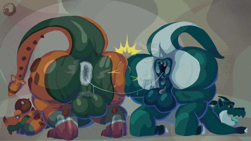 Two dragons, Ceram and Loom, pushing butts together after a donut kiss with wetness trailing between them