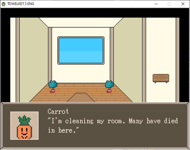 Screenshot of Towelket 3. A living carrot says "I'm cleaning my room. Many have died in here."