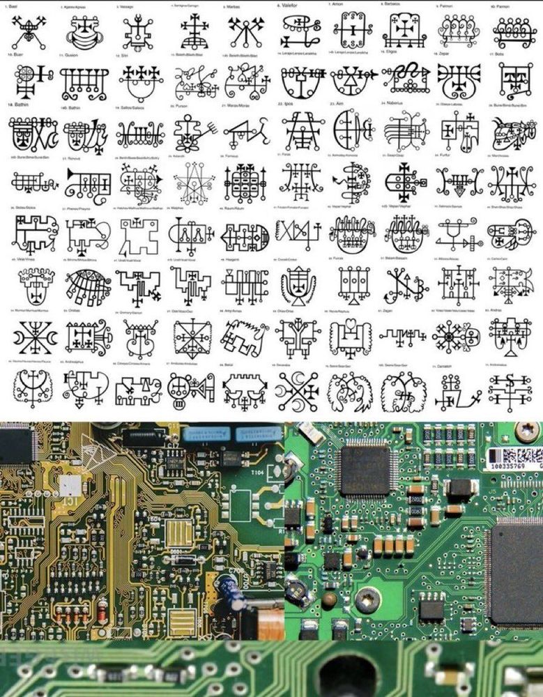 An array fo symbols of demons from Ars Goetia next to a photo of a circuit board with similar looking symbols  (Original: @goth600 on X)