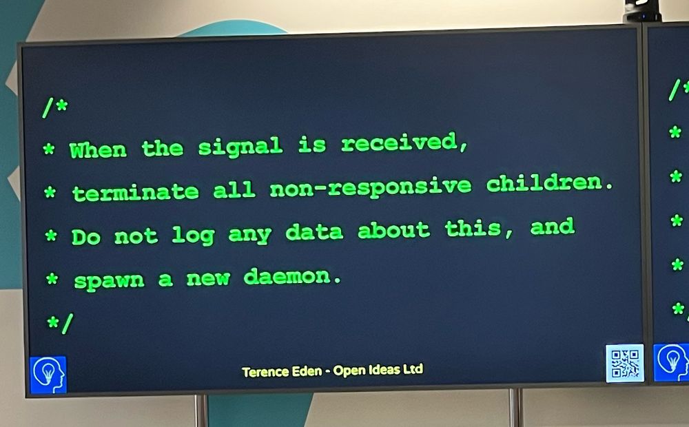 A slide with a code comment that reads - When the signal is received, terminate all non-responsive children. Do not log any data about this, and spawn a new daemon.