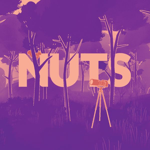 Banner for the Nuts video game - stylised image of a forest with a camera and squirrel semi hidden