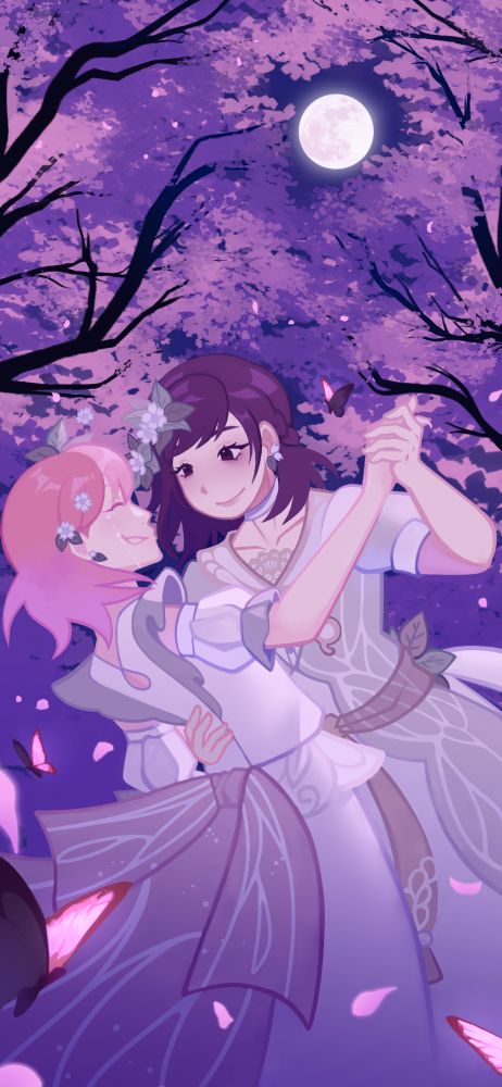 mizuki akiyama and ena shinonome in their ena5 outfits, surrounded by cherry blossom trees lit under the moonlight. there are cherry blossom petals and pink butterflies everywhere. ena is holding mizuki's hand and back with an endearing expression while mizuki is crying happily 