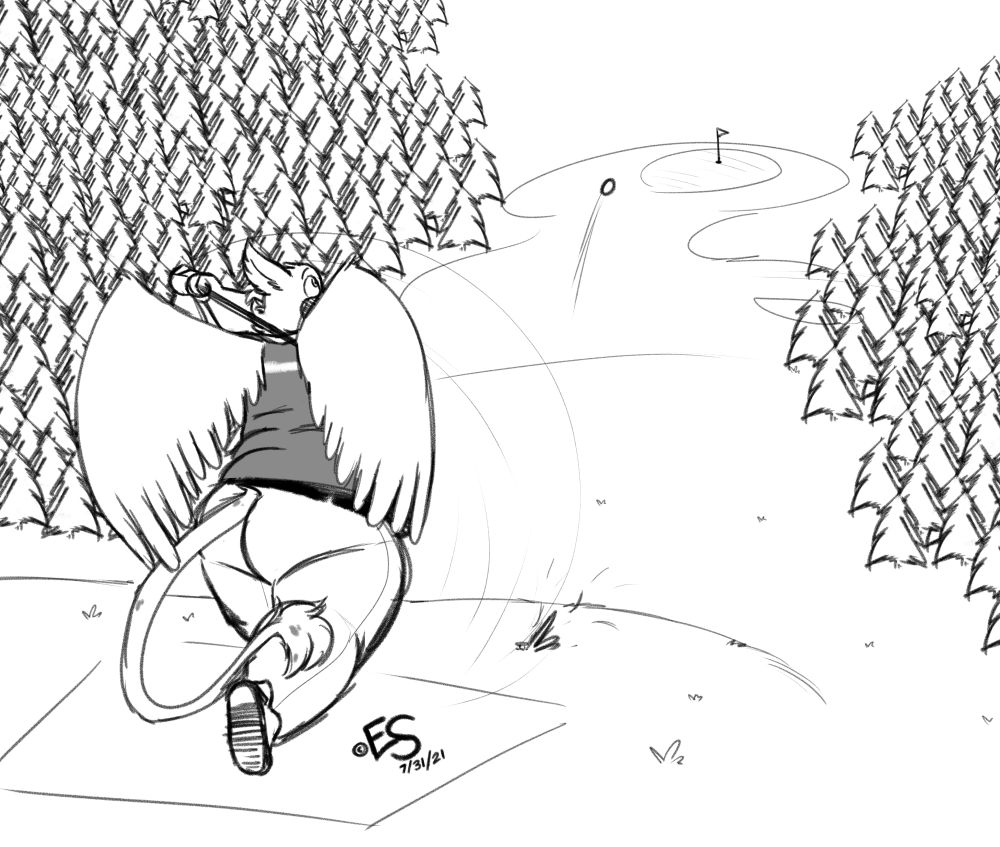 Picture of an anthro gryphon hitting a golf ball from the tee box.
