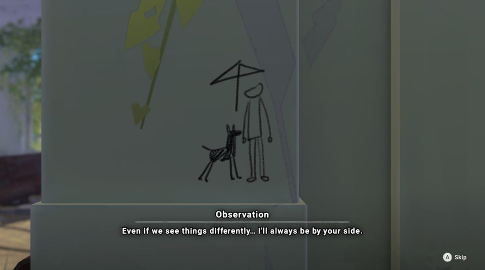 Zu sehen, eine Zeichnung an einer Wand. Ein schwarzer Hund, ein Mensch sowie ein Regenschirm. Beide stehen unter dem Schirm. Dazu die Texteinblendung: "Beobachtung: Selbst wenn wir die Dinge anders sehen... Ich werde immer an deiner Seite sein."