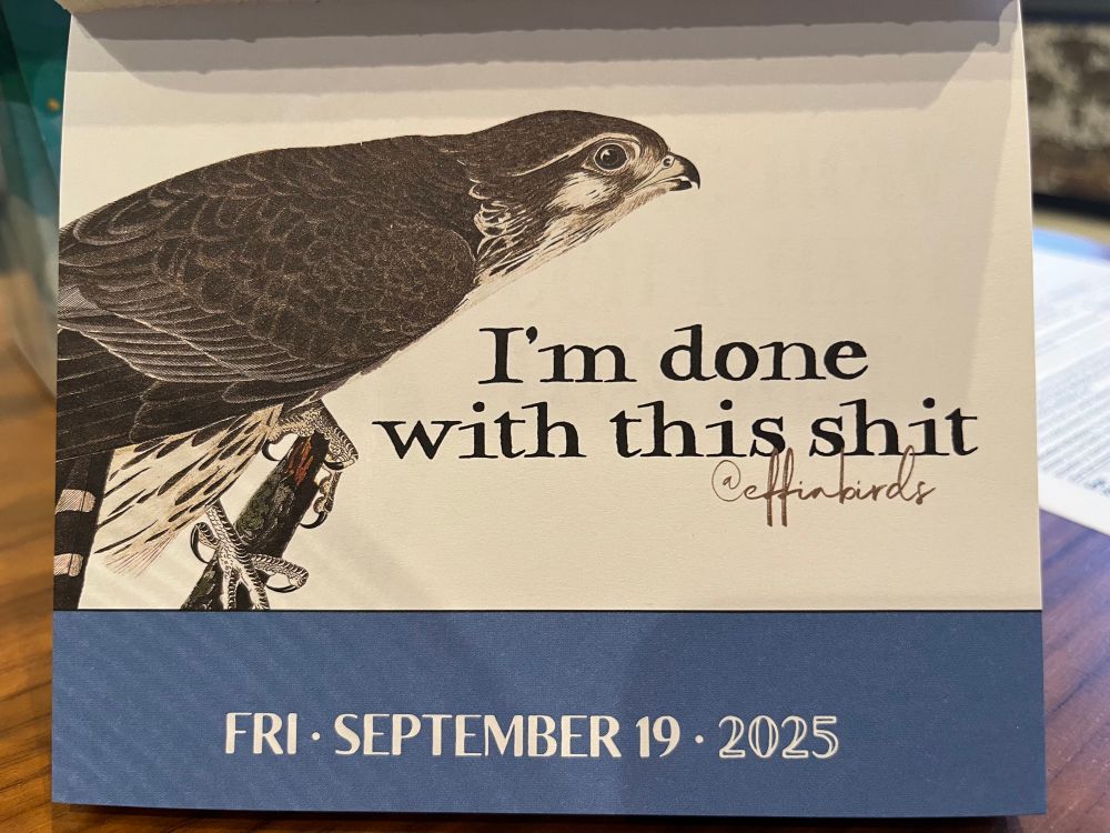 @effinbirds.com calendar entry for September 19, 2025: I’m done with this shit. 