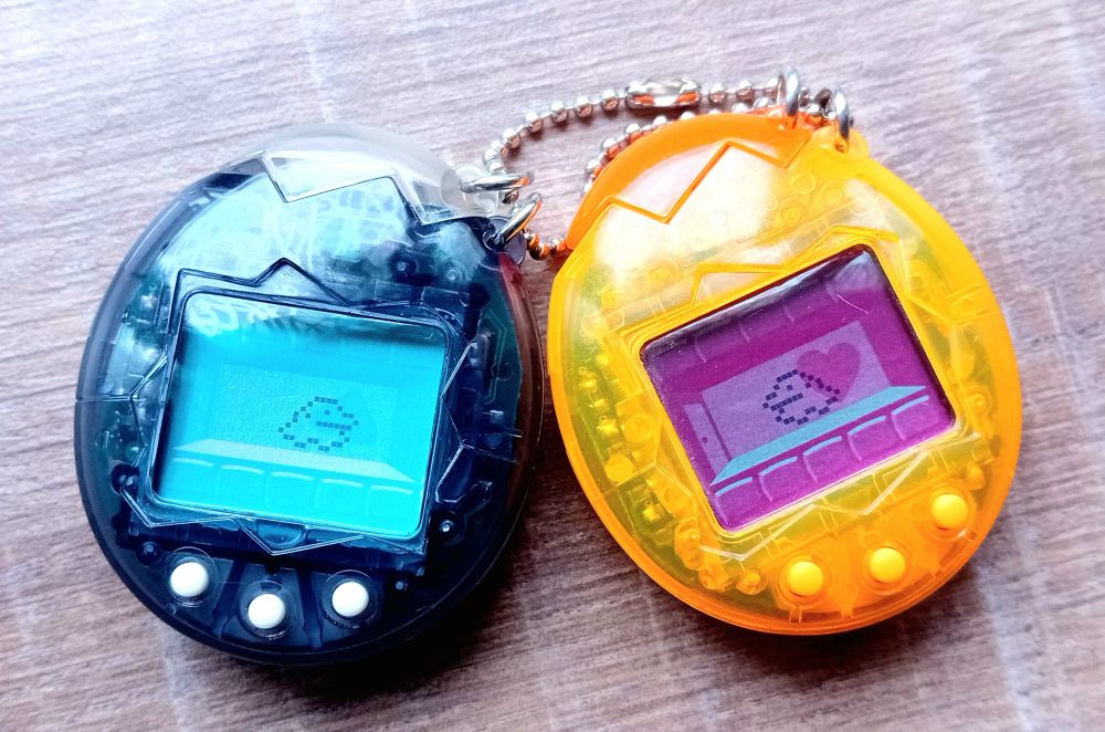 A photo of my tamagotchis Osutchi and mesutchi, clear orange and Black shells.

The babies evolved into these cute slime like things!

Each generations have different evolutions, those are from perfect care.

Those devices are more complet than I thought!