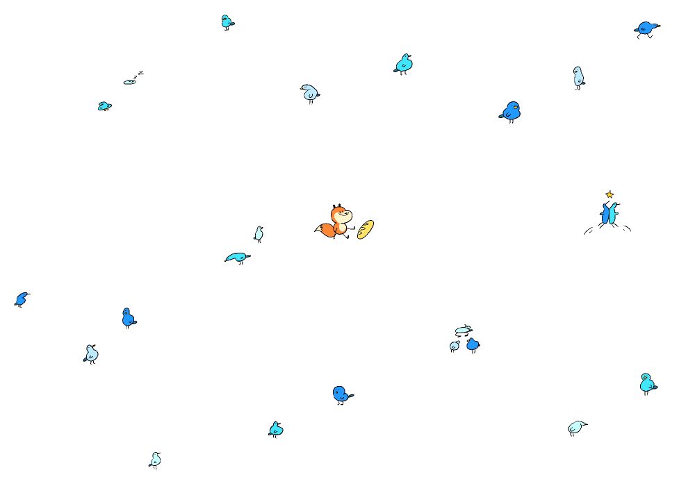 An illustration of what Bluesky looked like back in Febbruary 2024, having many users but still a small number compared to other sites online.

There is a fox in the middle with his baguette, few birds wandering arround in a vast white space.

Things seems good and not busy.