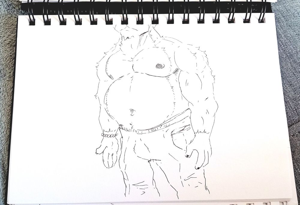 A sketch of a face faceless character.
His body is mostly seen, bare chested with a firm body.

He wears pants and a bead bracelet.

Even if the face is hidden, we can guess this is a bear.