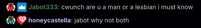 twitch screenshot of two users:

Jabot333: cwunch are u a man or a lesbian i must know
honeycastella: jabot why not both