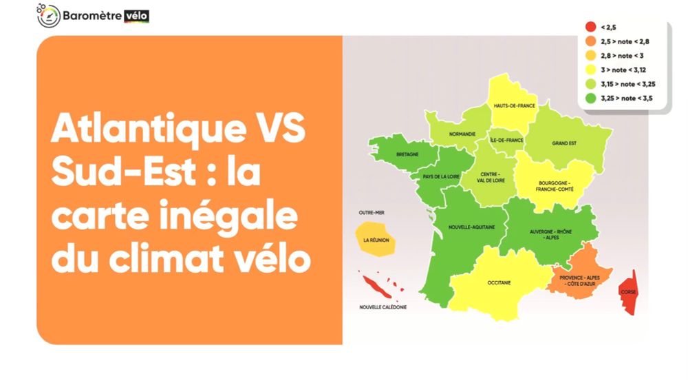 Carte du « climat vélo » en France, avec la région PACA en orange (mauvaise note)