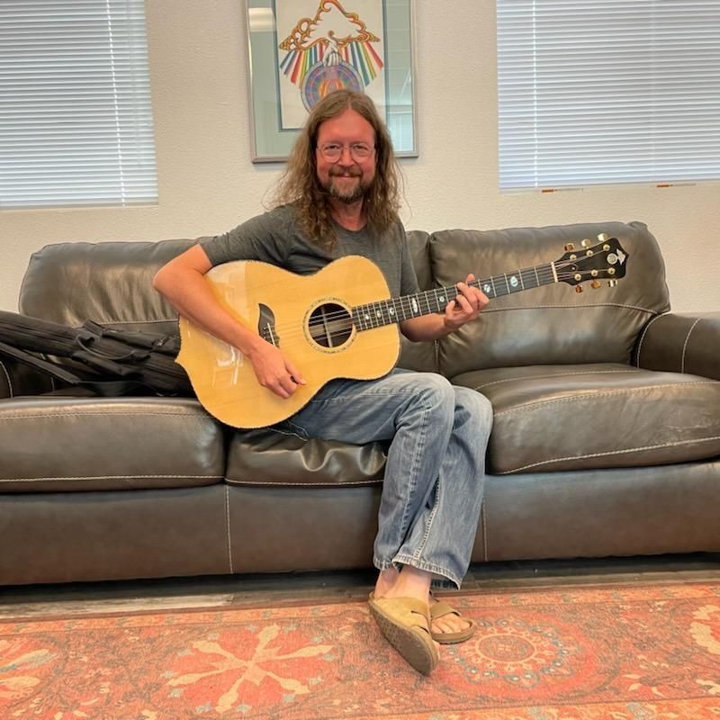 John Kadlecik with a prototype acoustic guitar at the Alembic Guitar factory in Rohnert Park, CA.