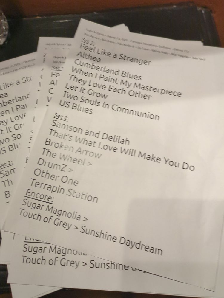 Setlist from a performance by Sages and Spirits in Denver, CO.