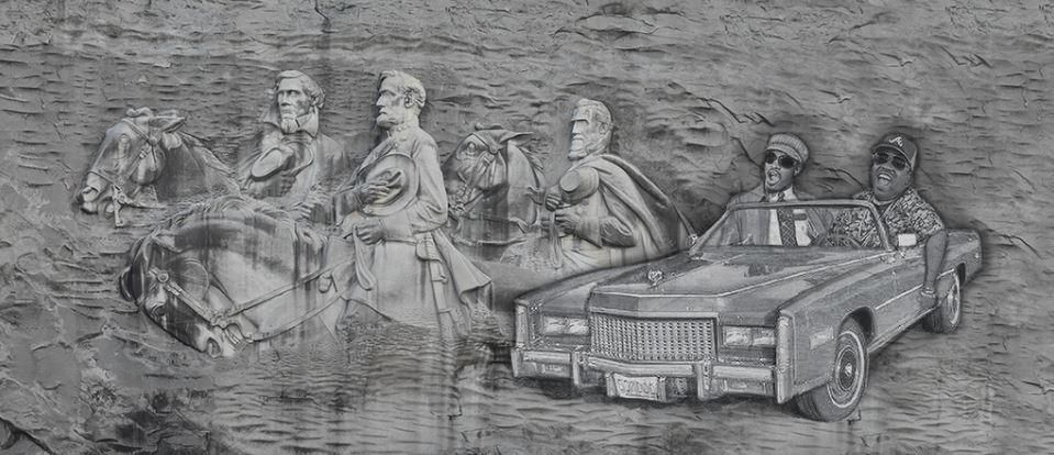 Photoshop of how Stone Mountain would look with Andre 3000 and Big Boi in a car carved into the mountain next to the Confederate figures