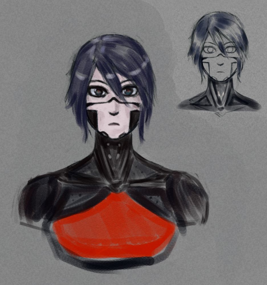 Elster bust portrait - a frontal view of her.
Sketch done in digital pencil brush, watercolor brush (and some filters and blending modes used). -Done through Clip Studio.

Smaller example in the upper right, which I found while hiding some layers. I decided I liked it and decided to use it as reference for a 2nd color study, after an original one did not go the way I wanted.