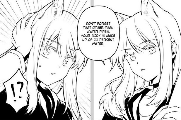 Two catgirls talking
One on right: "Don't forget that other than water pipes, your body is made up of 70 percent water."
One on left: Shocked expression