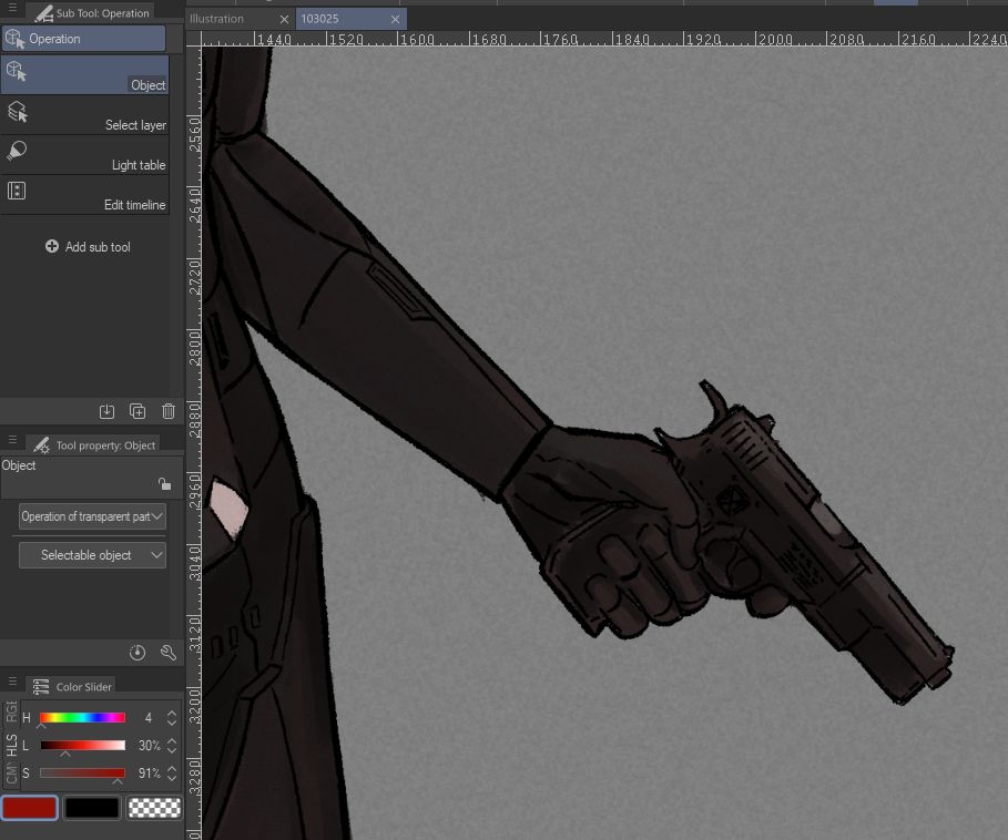 Elster drawing WIP screencap. Close-up of her right hand holding on to a pistol. Inked, but still being painted.