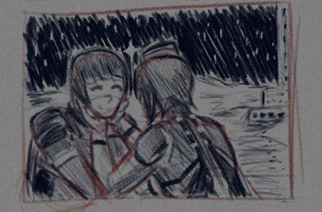 Eule and Star kissing outside of Sierpinski 23.
There's stars out and a twinkling star between them.