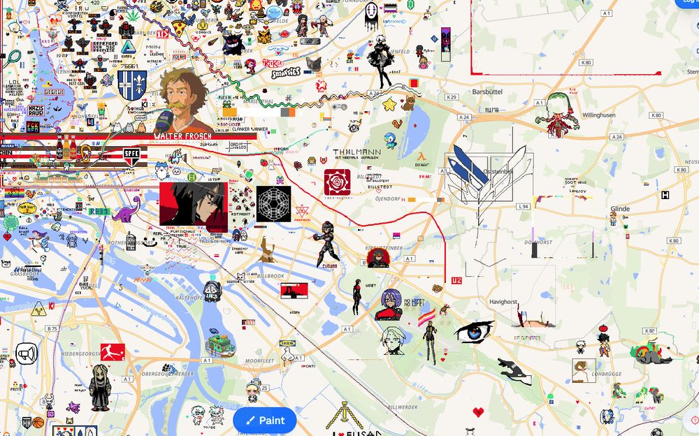 Wplace screencap of sprite art surrounding Hamburg, Germany.