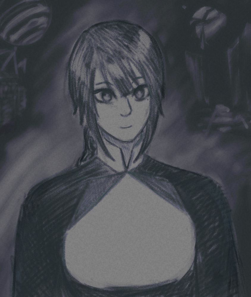 Isa Itou in school uniform. Portrait drawing.
There's a bit of a background to it: a planet, moon, hints of a ruined city, buildings, and satellites.