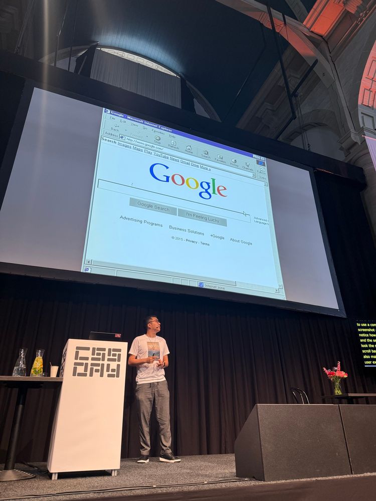 Tim on stage showing old Google on IE