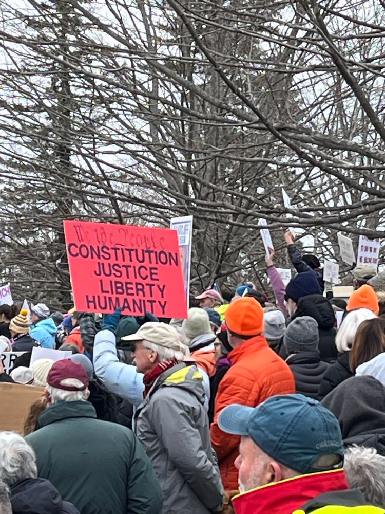 Protestors holding a sign defending the constitution, justice, liberty and humanity