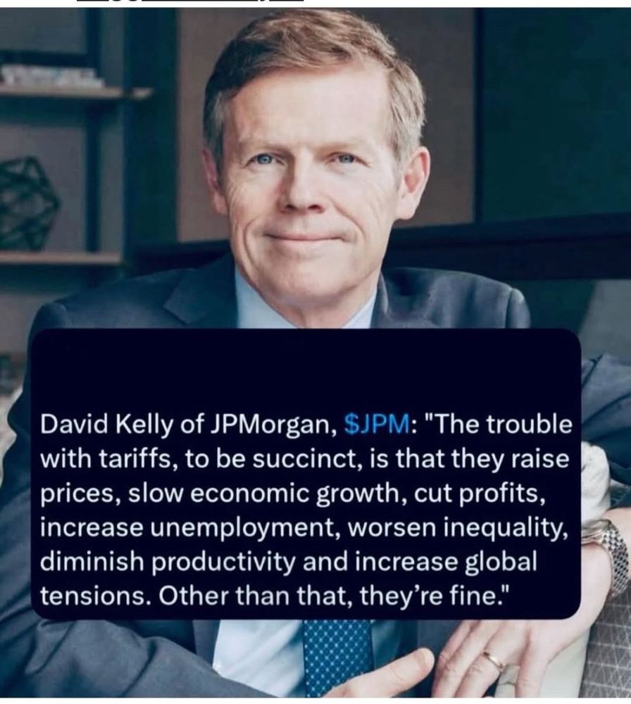 J.P. Morgan ceo saying all the ways tariffs are bad for growth, profits, employment, equality and the global market. He then adds that other than those things, “…they’re fine.”