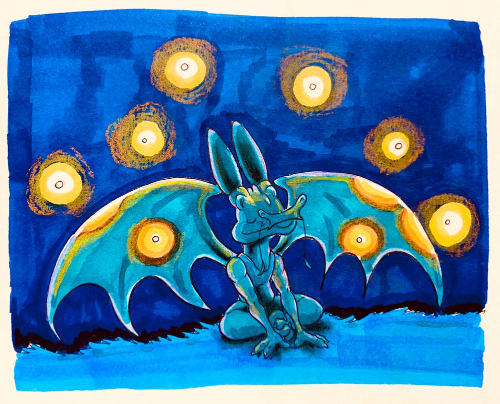 A sketch of my original character Eku enjoying the light of nearby fireflies at night. He's a young male anthropomorphized dragon of yellow scales, big brown horns, wings, whiskers and a short tail. He's wearing a tank top and pants, and is sitting on a grassy field with his feet clasped and his wings wide opened. The fireflies fly around him, tinting him with their glow. Thank you for reading the ALT text.