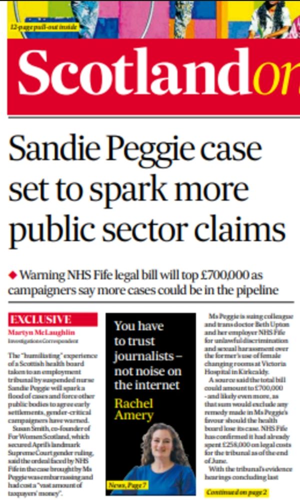Scotland on Sunday: "Sandie Peggie case set to dark mode public sector claims" and ""warning NHS fife legal bill will top £700k as campaigners say more cases could be in the pipeline"