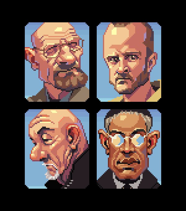 Pixelart portraits of Walter White, Jesse Pinkman, Mike Ehrmantraut and Gus Fring. Their faces are lit by the sun of New Mexico