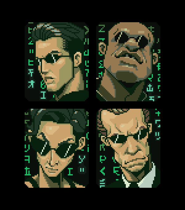 Portraits of Neo, Morpheus, Trinity and Agent Smith in pixelart. Stylised.