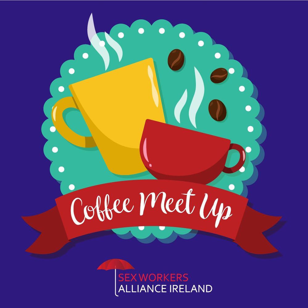 Coffee meet up written on a red ribbon in front of an illustration of coffee mugs and cups. The image is inviting and colourful.