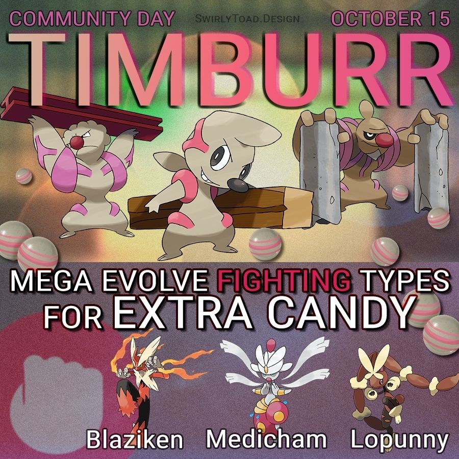 Graphic for Pokemon Go event. Text at top, Community Day, October 15, Timburr. Below that is Timburr the pokemon and his two evolutions. Text below them says, mega evolve fighting types for extra candy. At bottom is a fighting type symbol which is a white fist in a red circle, next to three labeled pokemon. Blaziken, Medicham, and Lopunny.