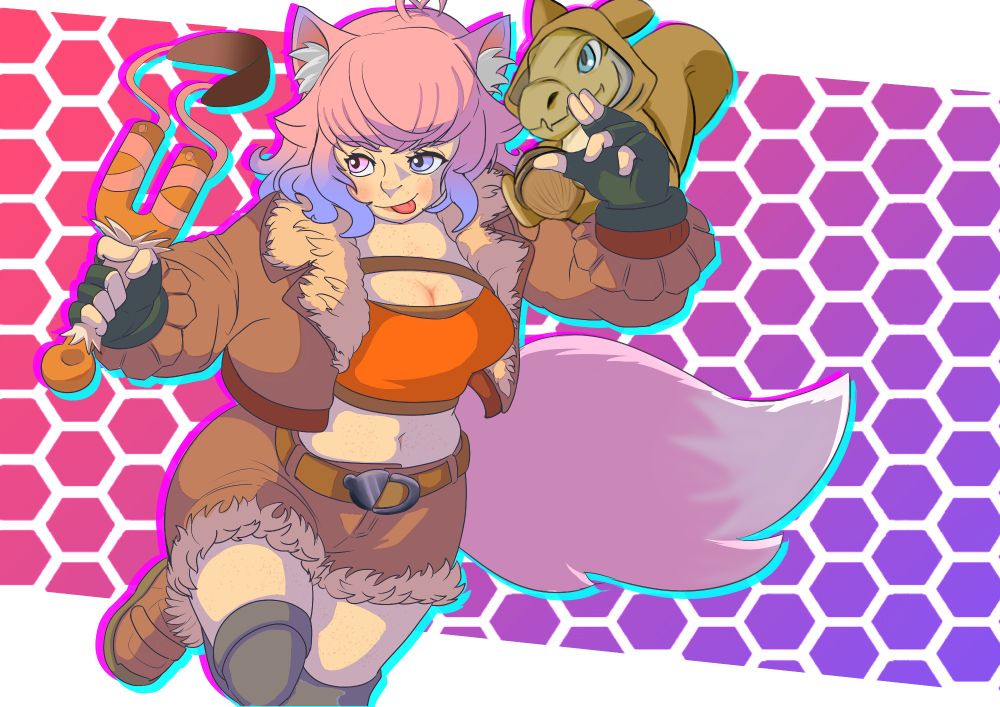 fanart drawn of sugarf0x OC as squirrel girl in her main outfit on marvel rivals. shes mid shot, tongue poking out and the squirrel companion on her shoulder is a tiny monster hunter fulgur anjanath dressed in a squirrel costume. artist is @/kappinbrachy.bsky.social and he uses a Disney drawing style in his pieces.