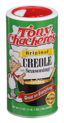 A red, white, and green bottle of Tony Chachere's creole seasoning.