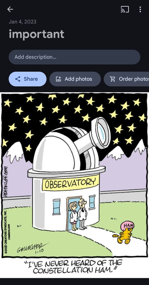 screenshot of a google photos album called "important" containing only a heathcliff comic where the orange cat heathcliff is wearing a helmet that reads "ham" and is walking away from an observatory where two scientists speak to each other saying "i've never heard of the constellation ham"