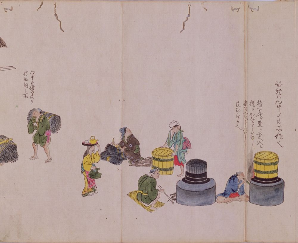 A brightly-colored scene of paper making in Japan in the late 1700s.  It is to be viewed from right to left.  On the right, a man is blowing into a furnace, causing flames to erupt.  To his left, another man is resting in front of the furnace while a woman has just removed the barrel from the mulberry stalks. To his left, a woman is depicted bringing tea and refreshments. 

On the far left a man is shouldering the steamed stalks for delivery. (This is part of the next scene.)

There is Japanese text. Below are translations, from right to left. 

Here is the work being done in the countryside.

The mulberry stalks are cut and placed tightly-bound in a stove where they are steamed under a barrel. 

This way, the bark peels off easily. 

Here is the mulberry bark being carried from the countryside and delivered. 
