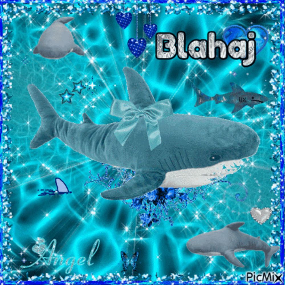 a picture of a stuffed shark with the name blahaj written above it