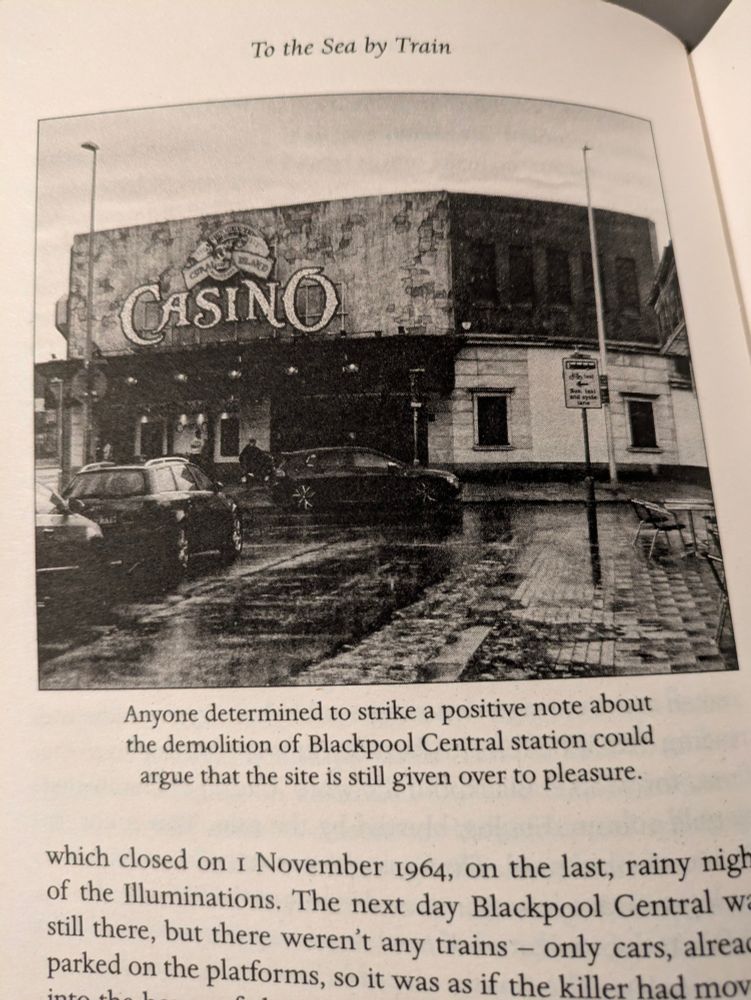 Depressing black and white picture of a casino with as caption 'Anyone determined to strike a positive note about the demolition of Blackpool Central station could argue that the site is still given over to pleasure'