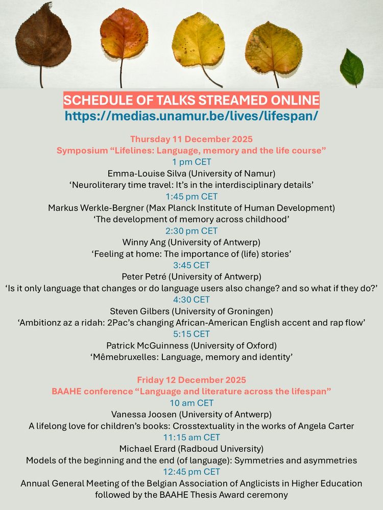 Schedule of the talks that will be streamed online. See https://lifespan.unamur.be for details 