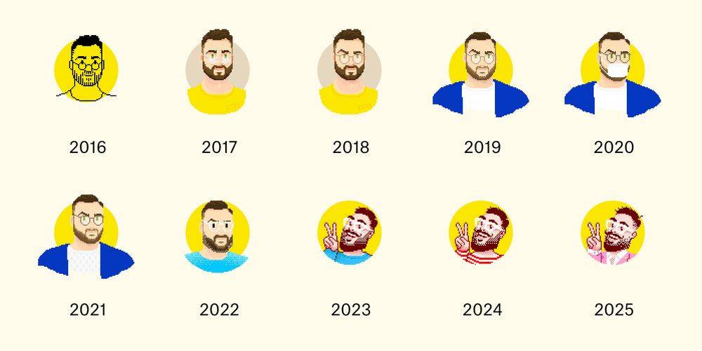 two rows of pixel art avatar images, showing slow progression in the design over 10 years of time